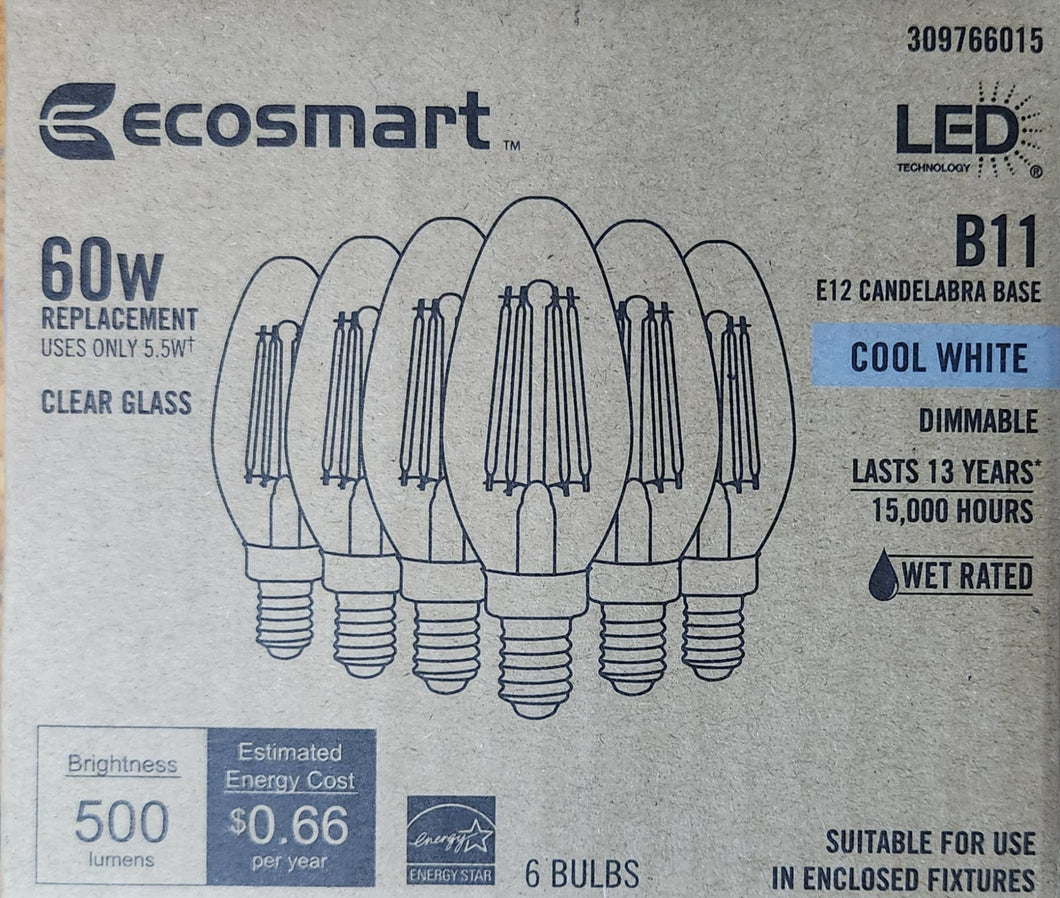 LED Light Bulb, Dimmable, B11, 5.5W, 4000K, Clear Glass, Cool White, Case of 4 ( 24 bulbs)