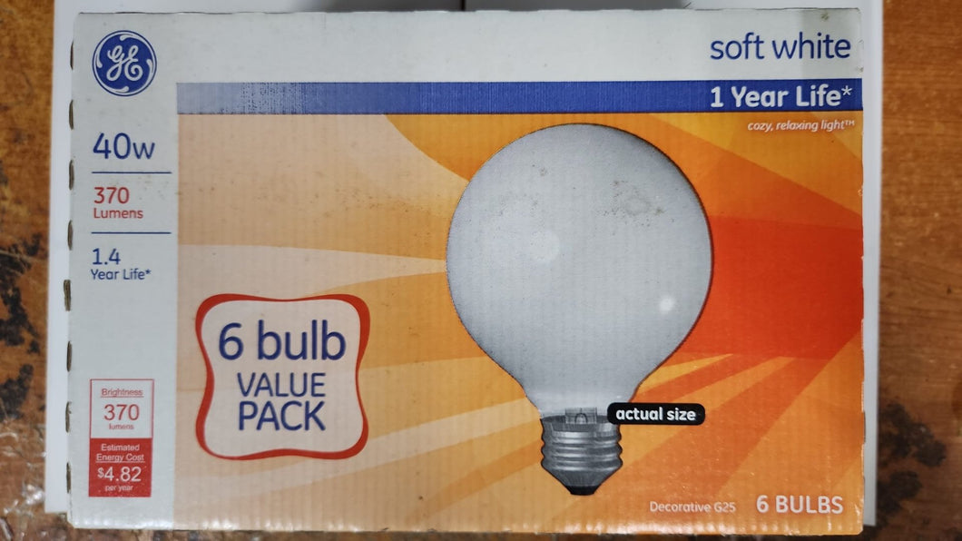 GE 40W Soft White Decorative G25 Light Bulbs #28873 - 6 Pack