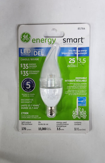 GE #85764 Energy Smart LED Candle Bulb - 3.5W, Dimmable, ( Case of 6)