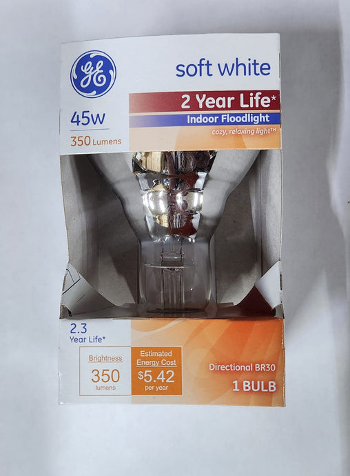 GE #26804  Indoor Floodlight BR30 45W- Soft White (350 Lumens, 2-Year Life) ( Case of 6)