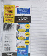 Load image into Gallery viewer, Five Star Reinforced Insertable Notebook Paper, College Ruled, 11 1/2&quot; x 8&quot;, 75 Sheets, (case of 3)