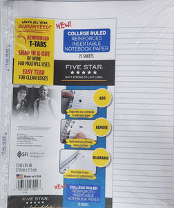 Five Star Reinforced Insertable Notebook Paper, College Ruled, 11 1/2" x 8", 75 Sheets, (case of 3)