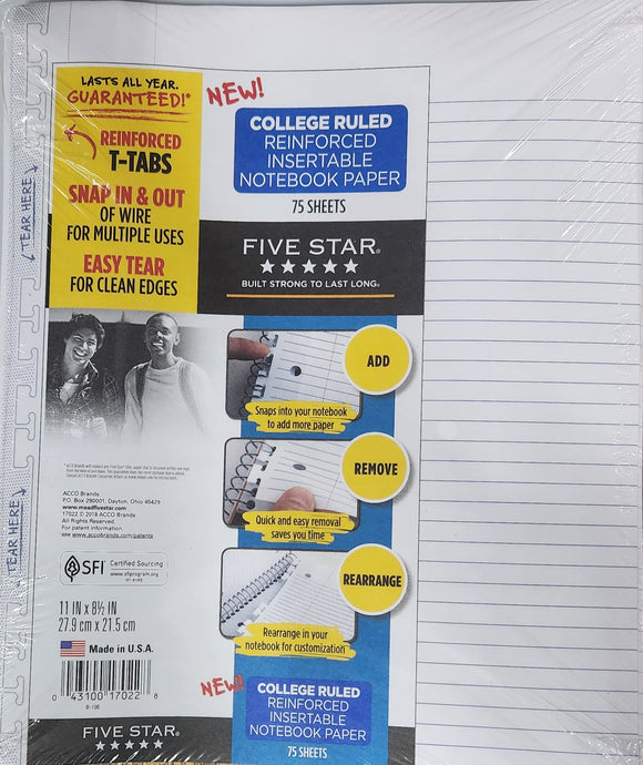 Five Star Reinforced Insertable Notebook Paper, College Ruled, 11 1/2