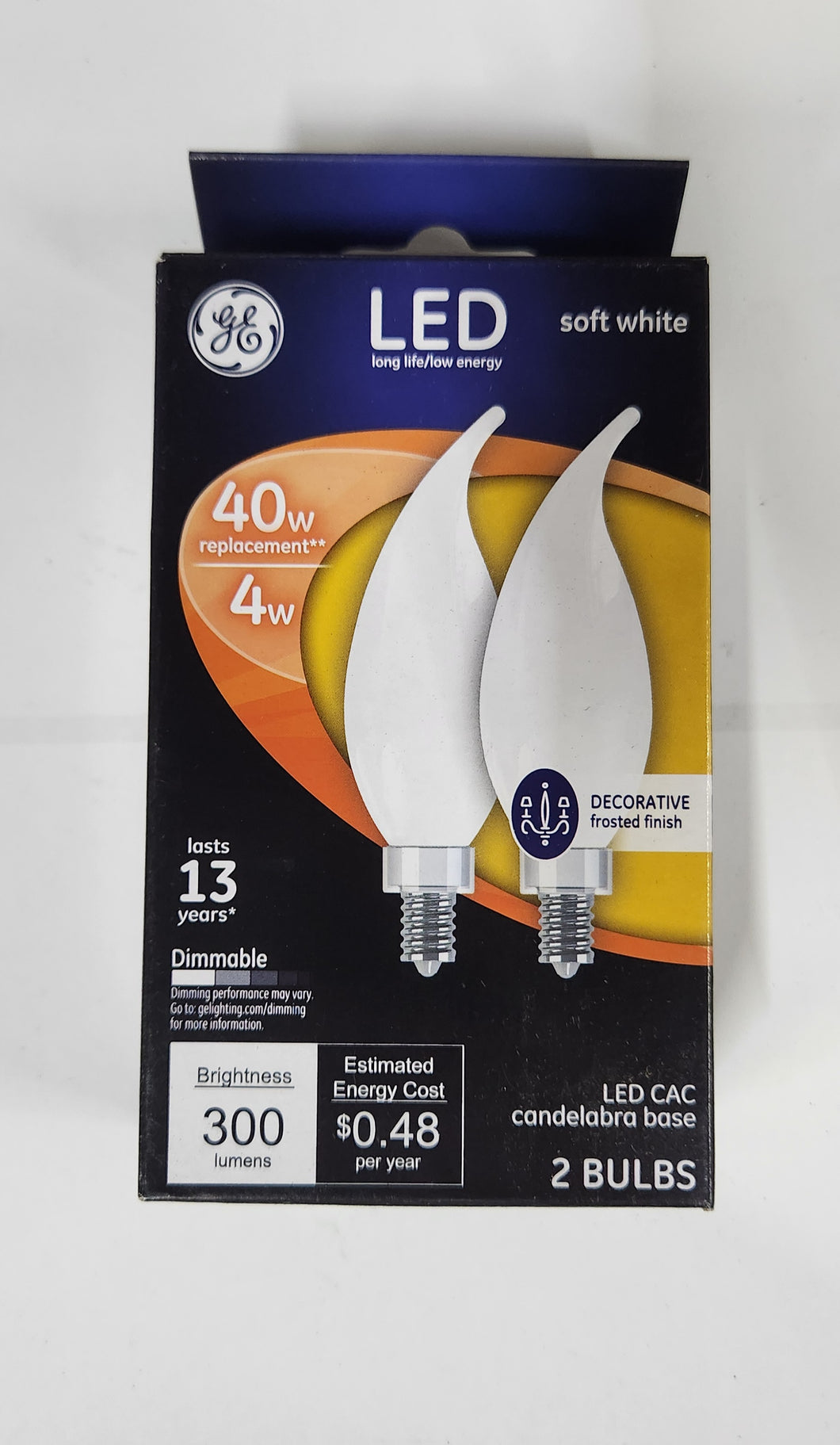 GE 3.5W=40W LED CAM Soft White Frost Candelabra Base Flame Tip Dimmable