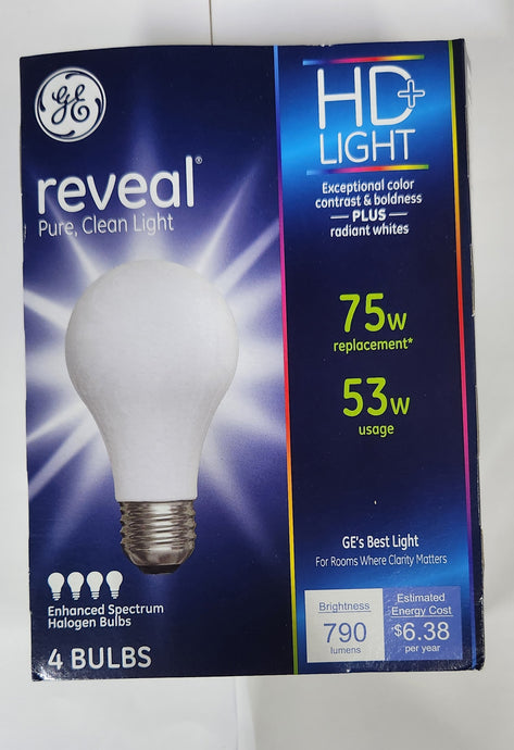 GE 53W=75W Reveal A19 HD 4Pack