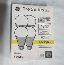Load image into Gallery viewer, GE Pro Series LED 60W A19 Bright White Dimmable 3.5K 4Pack