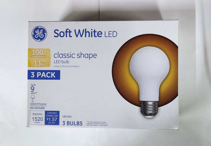 GE 13w=100w Classic Shape Spft WHite LED A21 3Pack