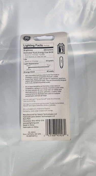 GE 40W t10 Clear Tubular 5pack