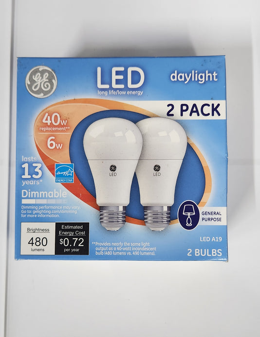 GE 6W=40W LED A19 Daylight Dimmable 2Pack