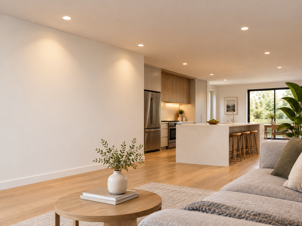 Modern open-plan living room and kitchen with warm recessed LED downlights, oak flooring, a gray sofa, and white quartz island.