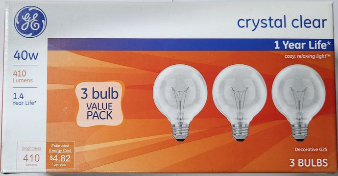 GE Crystal Clear 40W Decorative G25 Bulbs, 410 Lumens - 1 - 3 Pack