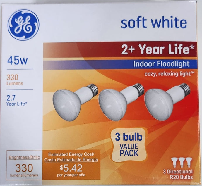 GE Soft White 45W Indoor Floodlight Bulbs, 330 Lumens - 3 Pack