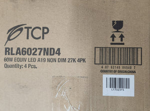 TCP 60W Equivalent LED A19 Non-Dimmable 2700K, Soft White Model RLA6027ND4, (Case of 6)