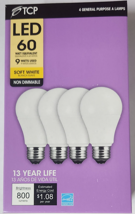 TCP 60W Equivalent LED A19 Non-Dimmable 2700K, Soft White Model RLA6027ND4, (Case of 6)