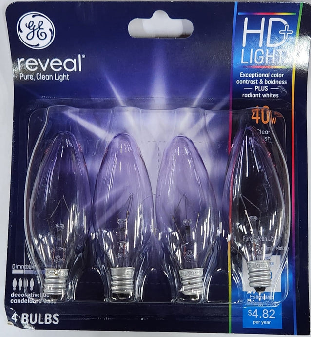 GE Reveal HD+ Light 40W Decorative Clear Blunt Tip Light Bulbs, (1-4pk)