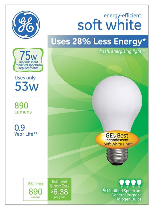 NEW General Electric 66248 GE Energy-efficient Soft White 53 Watt A19 4-Pack