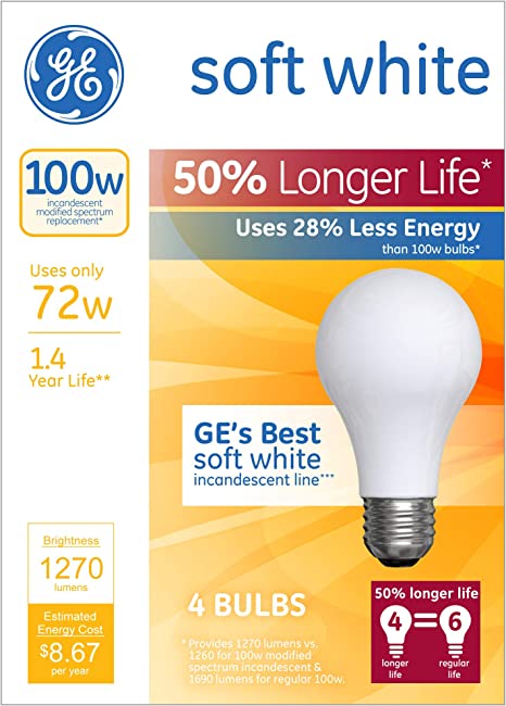 GE Lighting A19 Halogen Light Bulb, General Purpose 72-Watts, Soft White, (4 Pack)
