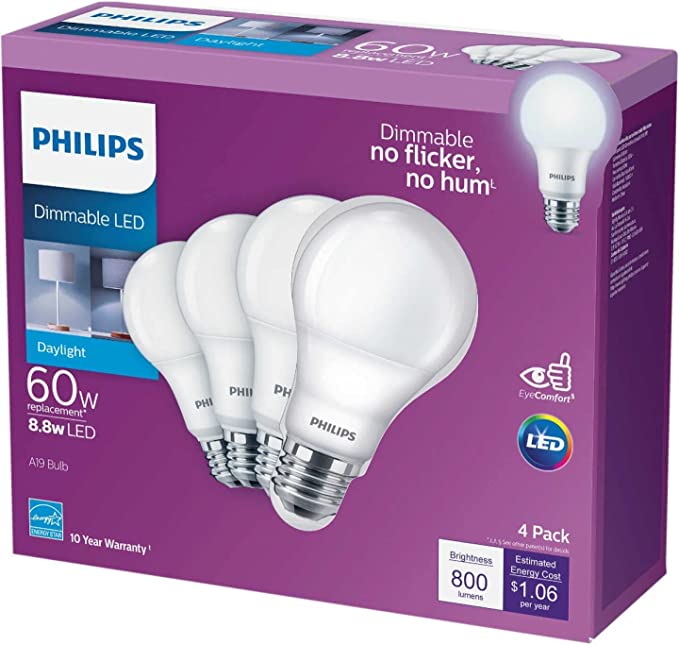 Philips LED- Dimmable A19 Light Bulb, EyeComfort Technology, 800 Lumen