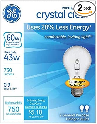 Halogen Light Bulbs, A19, Clear, 43-Watts ( 2 Pack )