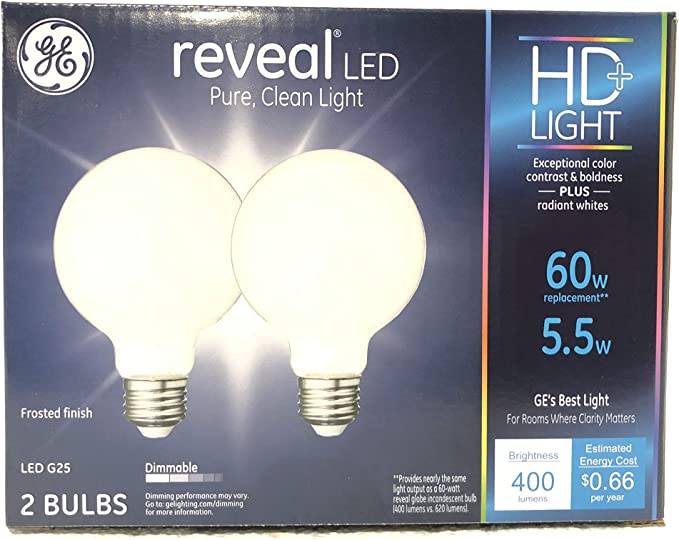 LED Reveal Globe Light Bulbs, Pure White, 500 Lumens, 5.5-Watts, (2 pack)