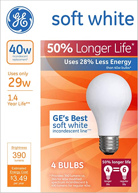 GE Lighting White  Soft Long Life 29 (40-watt Replacement) 4 Count (Pack of 1)