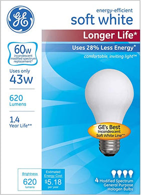 GE Lighting A19 Incandescent Halogen Light Bulbs (case of 48 bulbs)