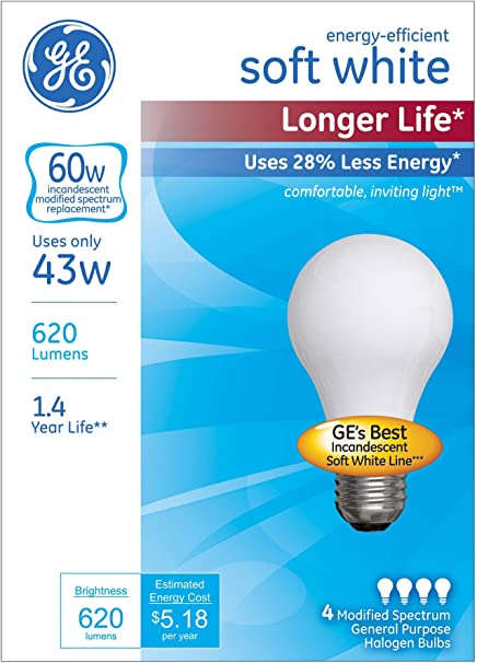 GE Lighting A19 Incandescent Halogen Light Bulbs (case of 48 bulbs)