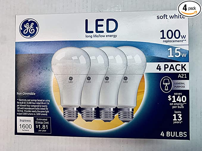 GE Lighting 29923 Soft White 100 W Equivalent LED Non-Dimmable A21 Light Bulbs (4-Pack)