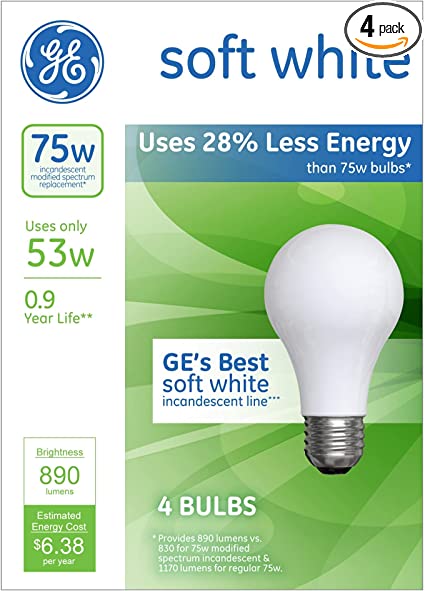 GE A19 Energy-Efficient Soft White Light Bulbs, 53 Watts, (4 pack)