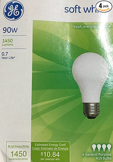 GE 78161 90 watt 120 volt A19 Medium Screw (E26) Base Soft White Incandescent GE Light Bulb - 4 Pack