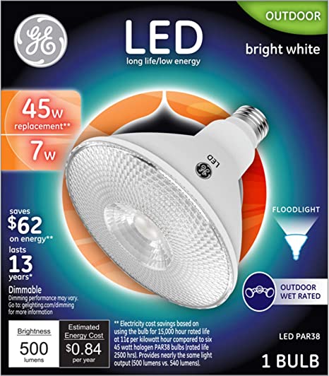 GE Lighting 38460 LED Flood Light Bulb, Bright White, Clear, Par38, 500 Lumens, 7-Watts - Quantity 1