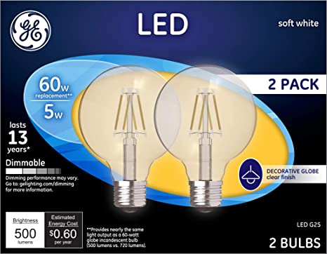 GE LED Light Bulbs, 60 Watt Eqv, Soft White, G25 Globe Bulbs, Medium Base (2 Pack)