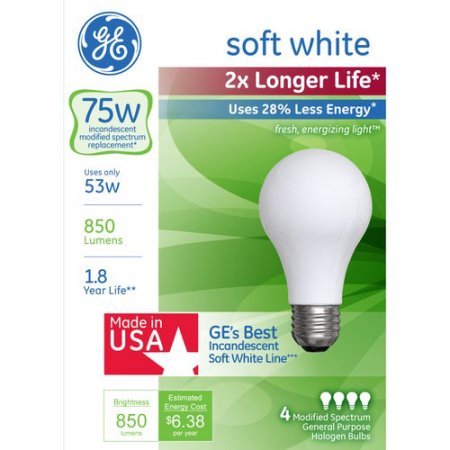 GE Energy-Efficient Soft White Halogen 53W Long Life A19, 4pk